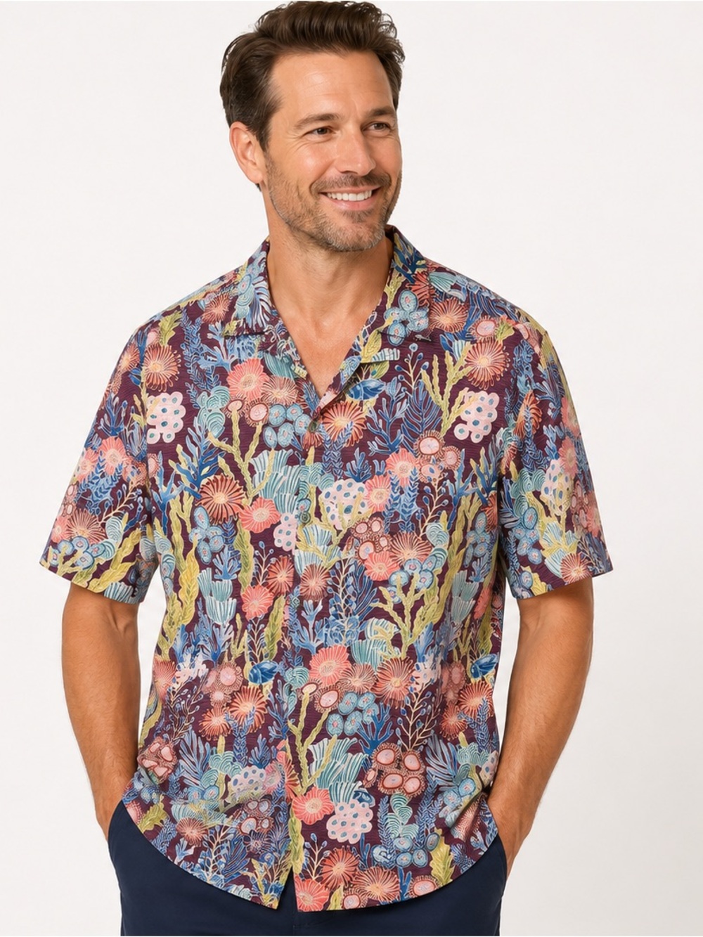 Tori Richard Men’s Tropical Floral Camp Shirt Burgundy, Blue & Pink Mens Size XL
